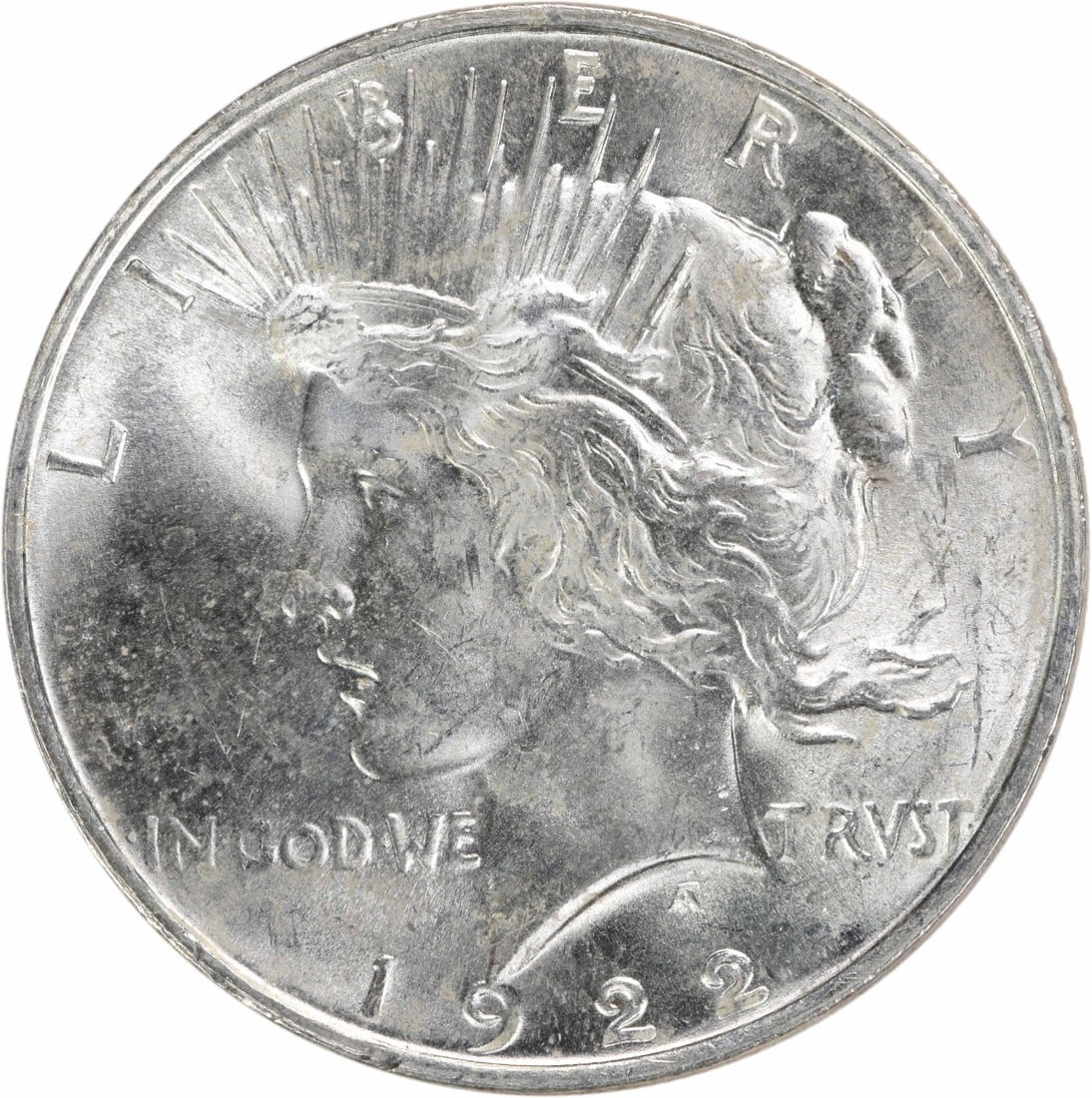 1922 Peace Silver Dollar Choice BU Uncertified: 1922 Peace Silver Dollar Choice BU Uncertified The 1922 Peace Silver Dollar is an Uncirculated coin with a high grade of MS63, bearing the signature of its artist. Made from silver and minted at a loc