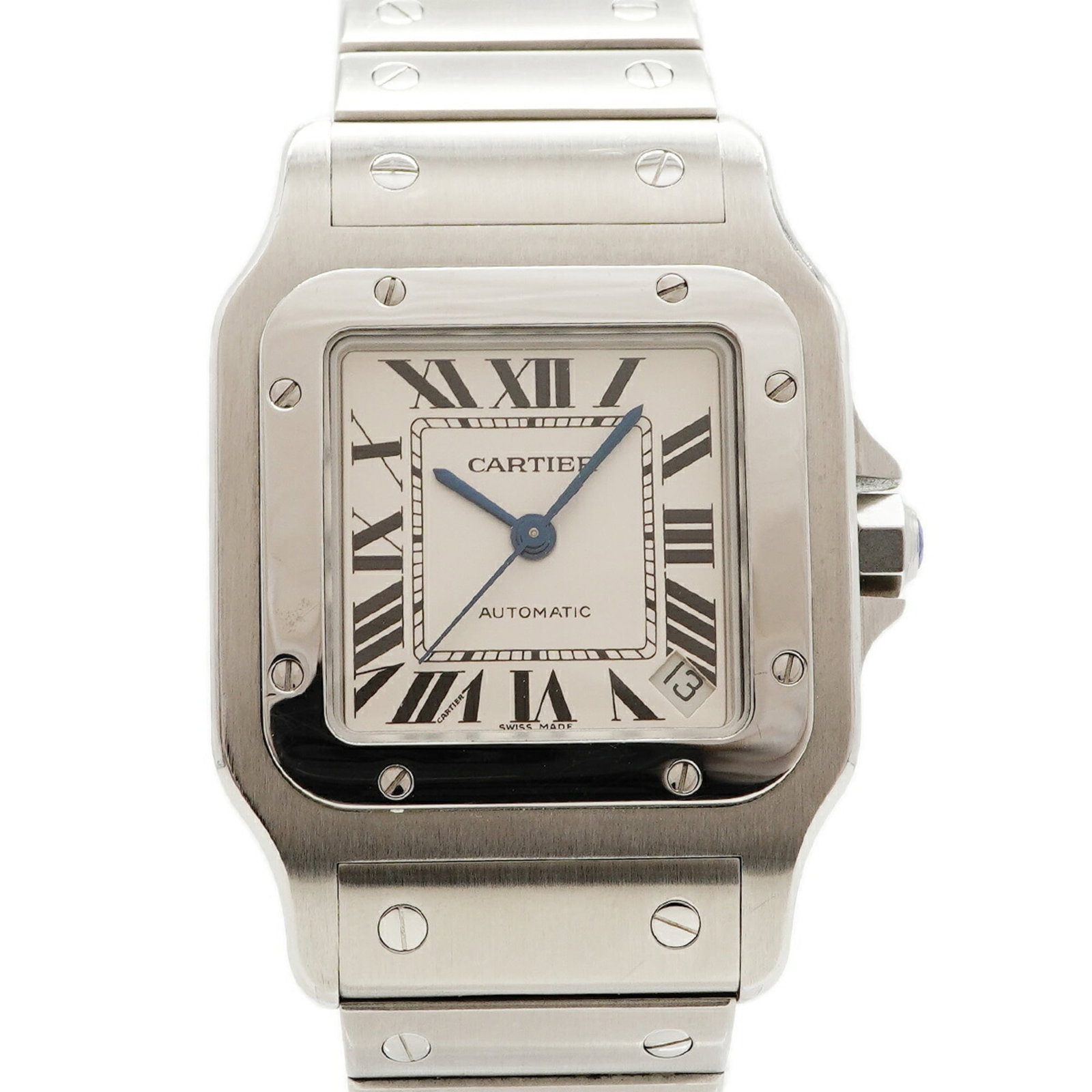 Cartier Wristwatch: Cartier Wristwatch Stainless steel band and silver dial make for a sleek, modern look. This self-winding automatic watch boasts a compact case diameter of 32.1mm, perfect for those with smaller