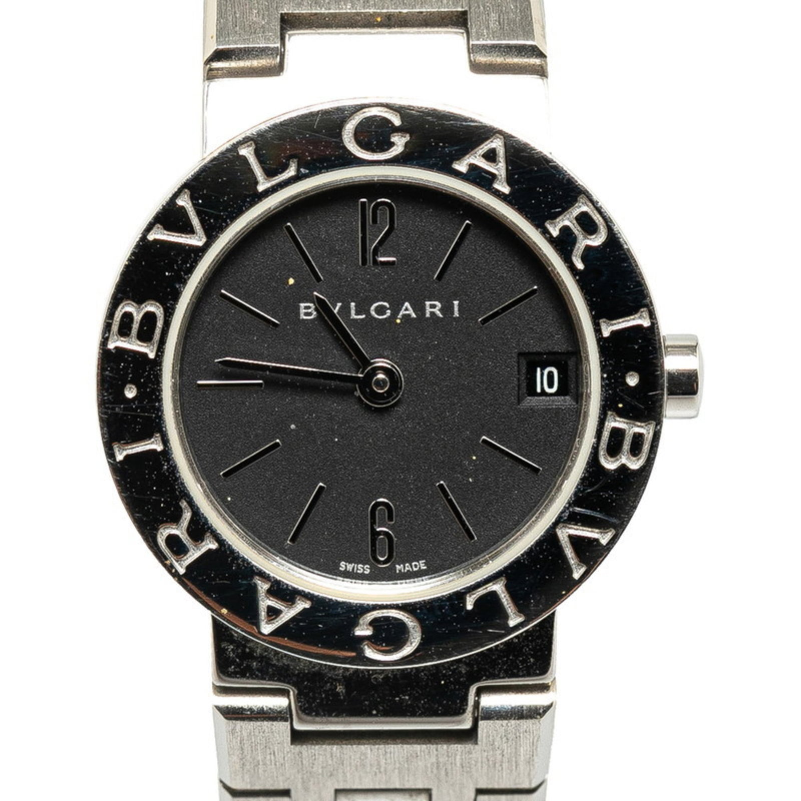 Bvlgari Wristwatch: Bvlgari Wristwatch Stainless steel case and band provide a sleek, modern look for the Bvlgari wristwatch. The black dial stands out against its sturdy background, while quartz movement keeps time