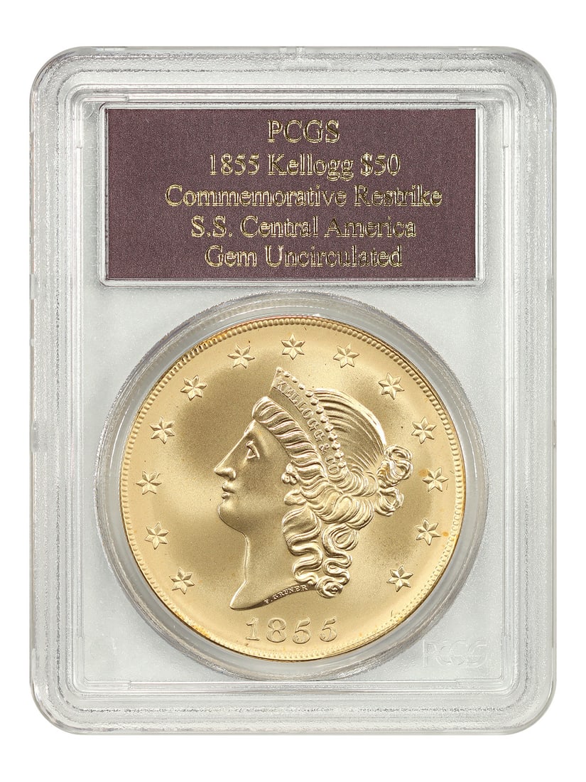 Central America S.S. 1855 Kellogg Restrike $50 PCGS UNC Box Frame COA: Central America S.S. 1855 Kellogg Restrike $50 PCGS UNC Box Frame COA The Central America S.S. 1855 Kellogg Restrike $50 features a striking design, bearing the signature of artist James Barton Longac