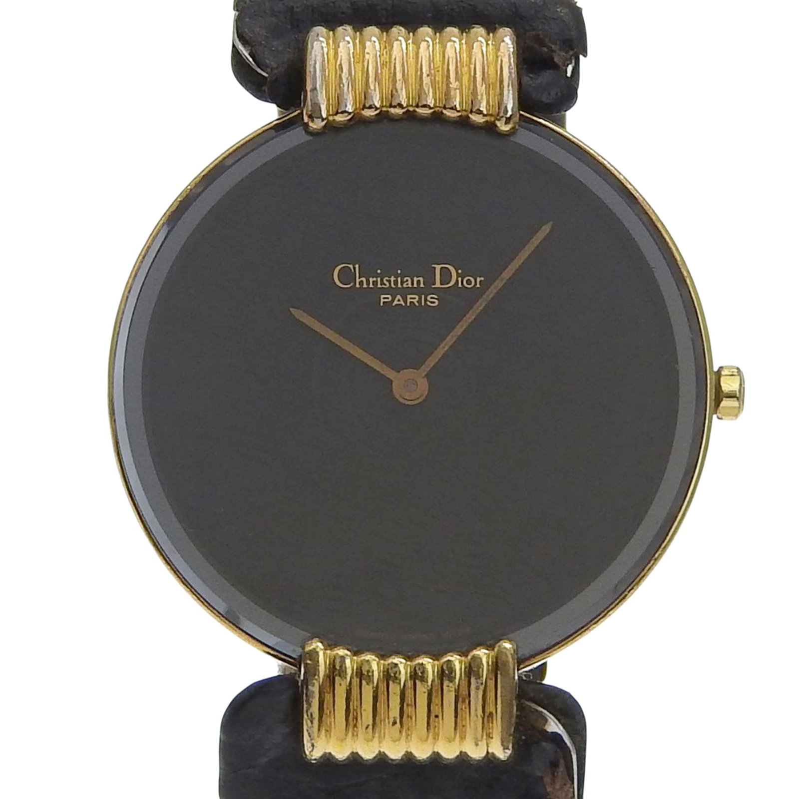 Wristwatch by Christian Dior: Wristwatch by Christian Dior Gold plated Christian Dior wristwatch with black dial and adjustable gold plated leather strap, featuring a quartz movement within its 30mm case. Suitable for wrists