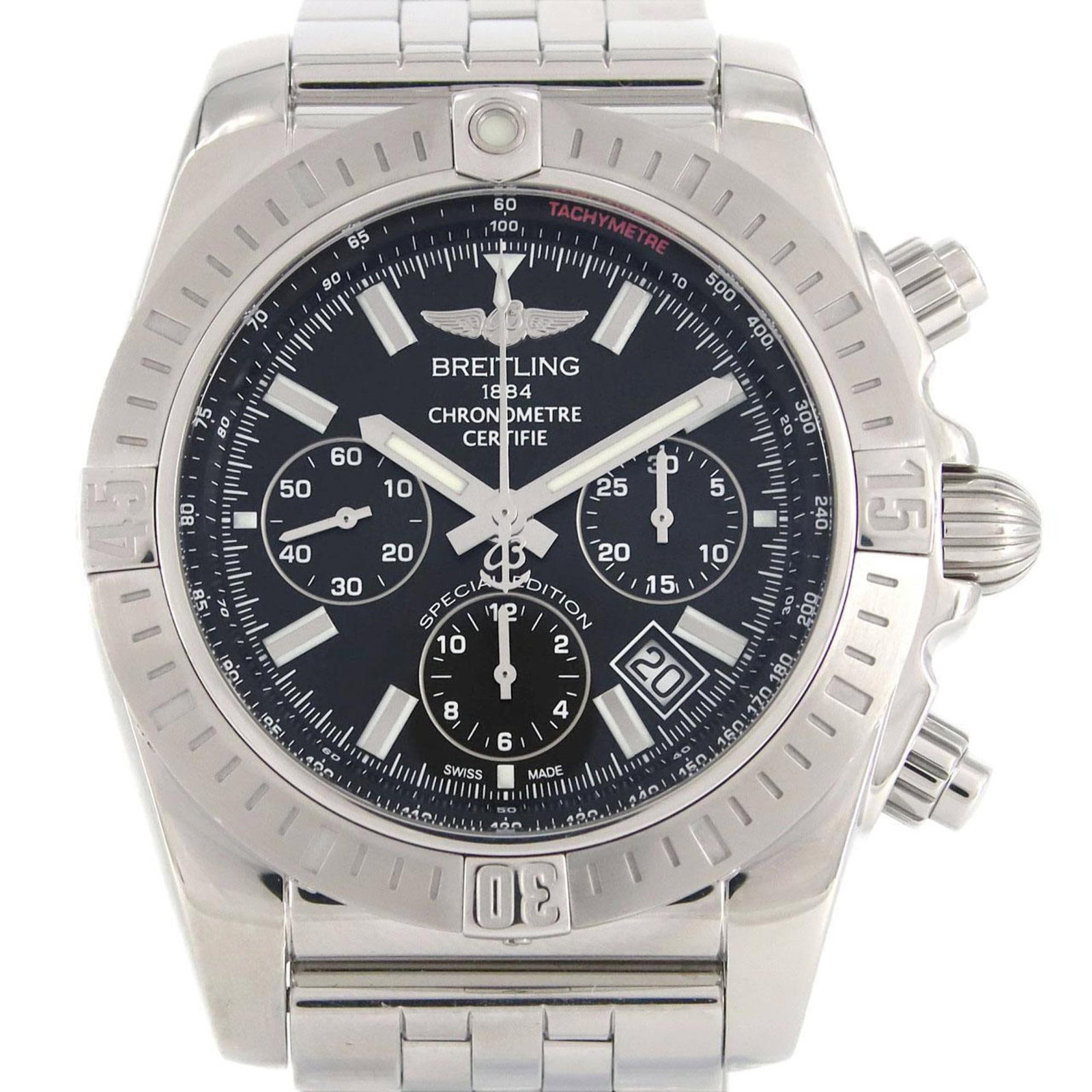 Breitling Wristwatch: Breitling Wristwatch Stainless steel case and band provide a sleek, modern look for the Breitling wristwatch. The self-winding automatic movement powers this timepiece, while a black dial adds a touch