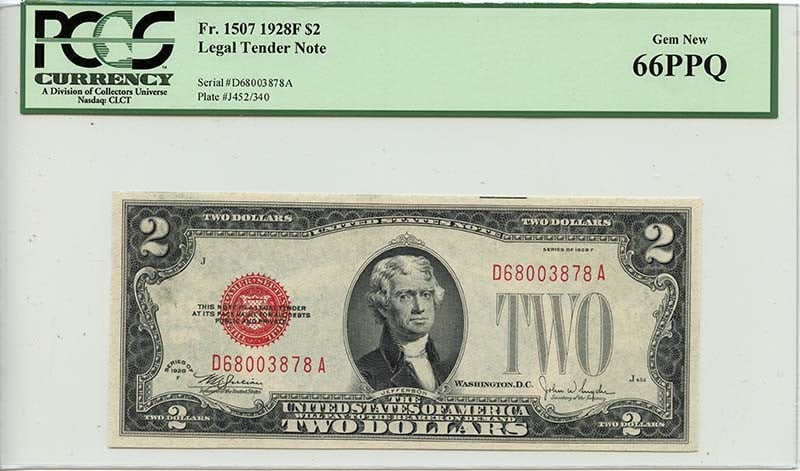 1928F $2 Legal Tender Note Red Julian Snyder Fr# 1507 PCGS GEM 66 PPQ: 1928F $2 Legal Tender Note Red Julian Snyder Fr# 1507 PCGS GEM 66 PPQ The 1928F $2 Legal Tender Note, graded MS66 by PCGS, boasts a stunning Gem condition with a plethora of reds and blacks. This rare