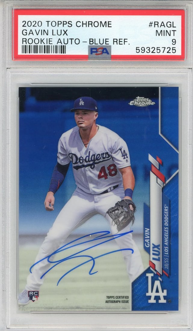 Gavin Lux Autographed 2020 Topps Chrome Blue Refractor Rookie Card #RAGL (PSA Mi (1 of 2)