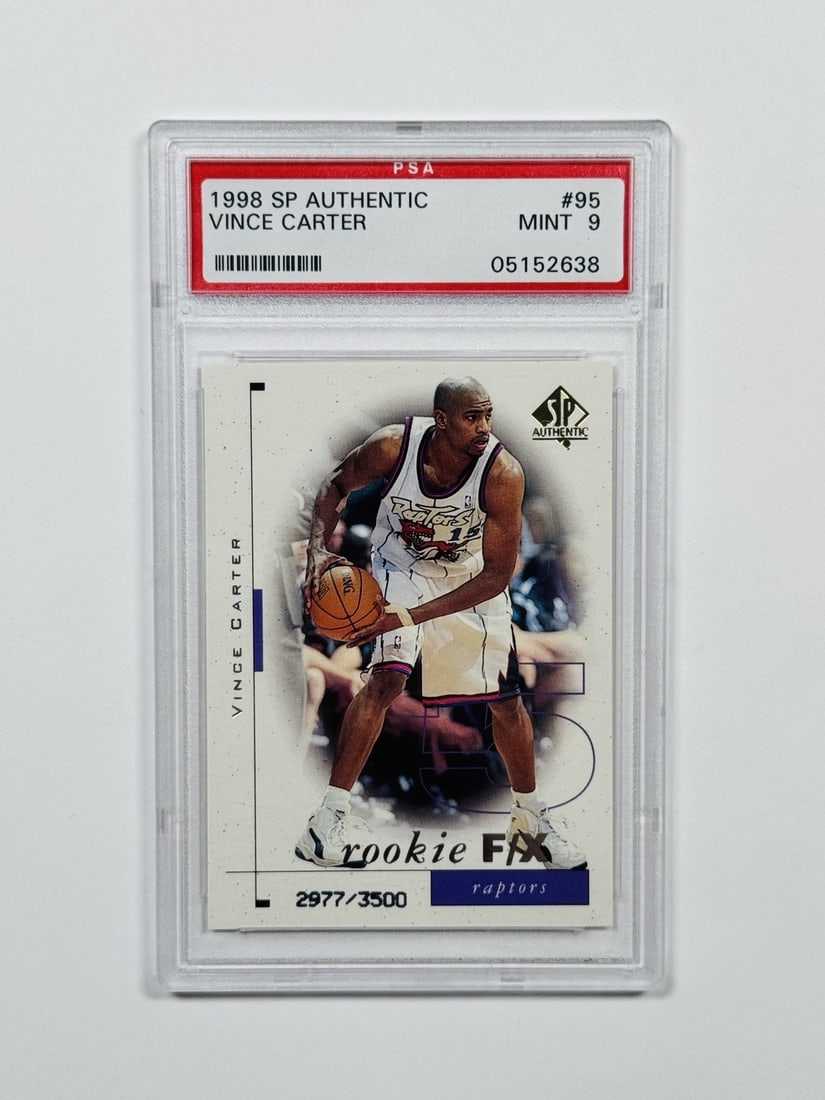 1998 SP VINCE CARTER #95 ROOKIE F/ X/ 3500 PSA 9: 1998 SP VINCE CARTER #95 ROOKIE F/ X/ 3500 PSA 9 Vince Carter #95 Rookie Card from the 1998-99 SP Authentic set, graded PSA 9. This card features the iconic rookie card of Toronto Raptors legend