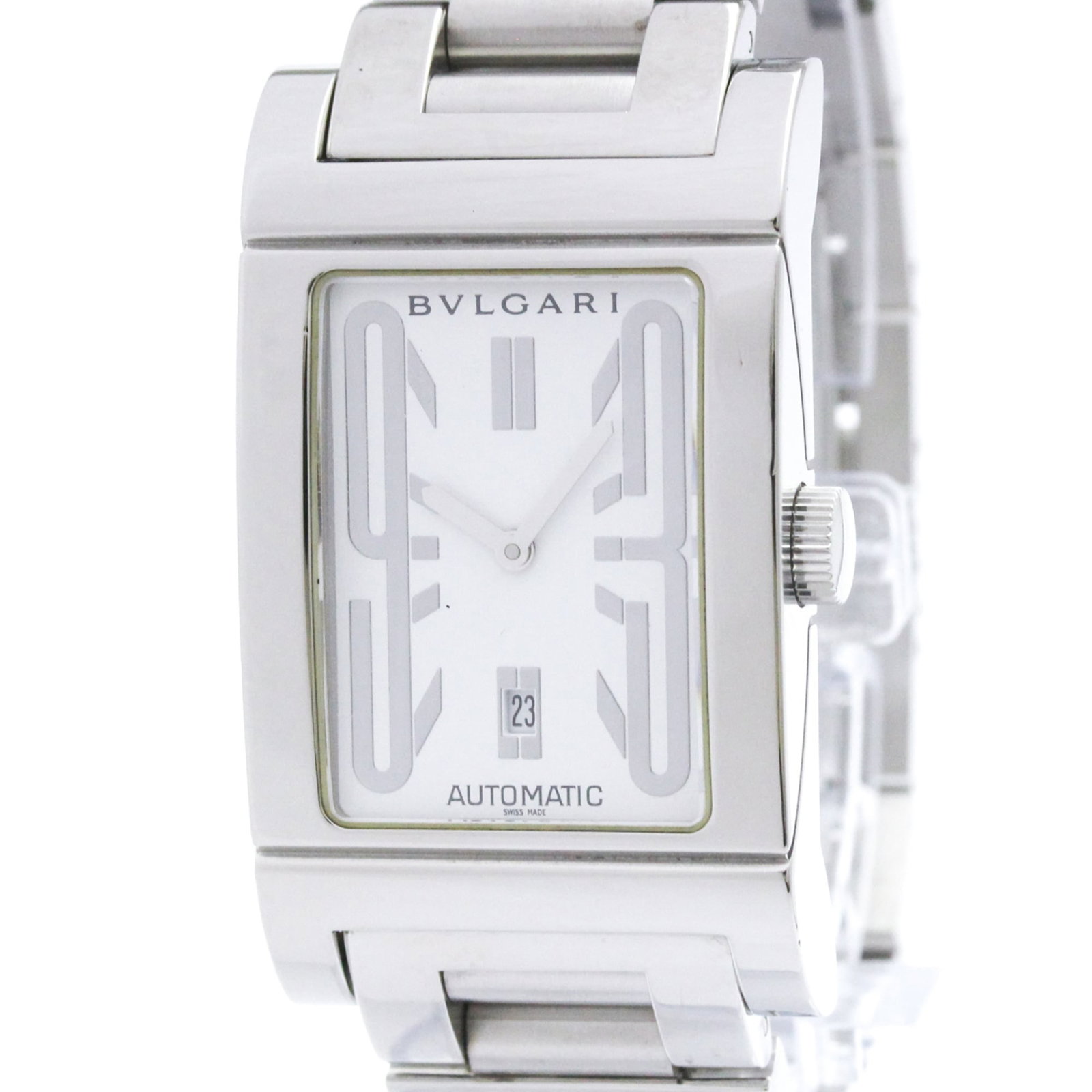 Bvlgari Wristwatch: Bvlgari Wristwatch Stainless steel case and band, the Bvlgari RT45S wristwatch boasts a sleek white dial. Powered by a self-winding automatic movement, this dress watch features date functionality.