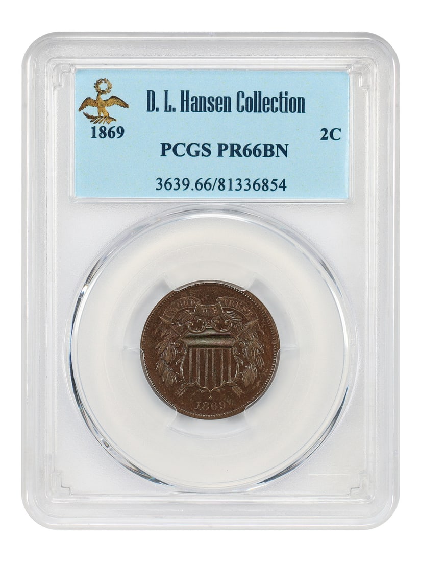 1869 2c PCGS PR66BN ex: D.L. Hansen - Two Cent - Colorful & Dynamic Toning: 1869 2c PCGS PR66BN ex: D.L. Hansen - Two Cent - Colorful & Dynamic Toning The 1869 2c PCGS PR66BN boasts vibrant, dynamic toning in a beautiful brown coloration. Certified by the prestigious