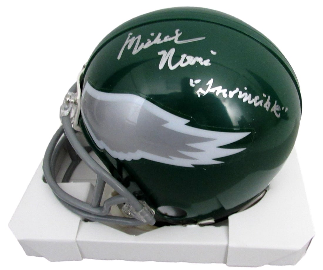 Michael Rispoli Signed/ Inscr Eagles Mini Football Helmet "Invincible" JSA 207761: Michael Rispoli Signed/ Inscr Eagles Mini Football Helmet "Invincible" JSA 207761 Signed by Michael Rispoli, the star of the hit TV show Invincible, this mini football helmet bears his signature. The