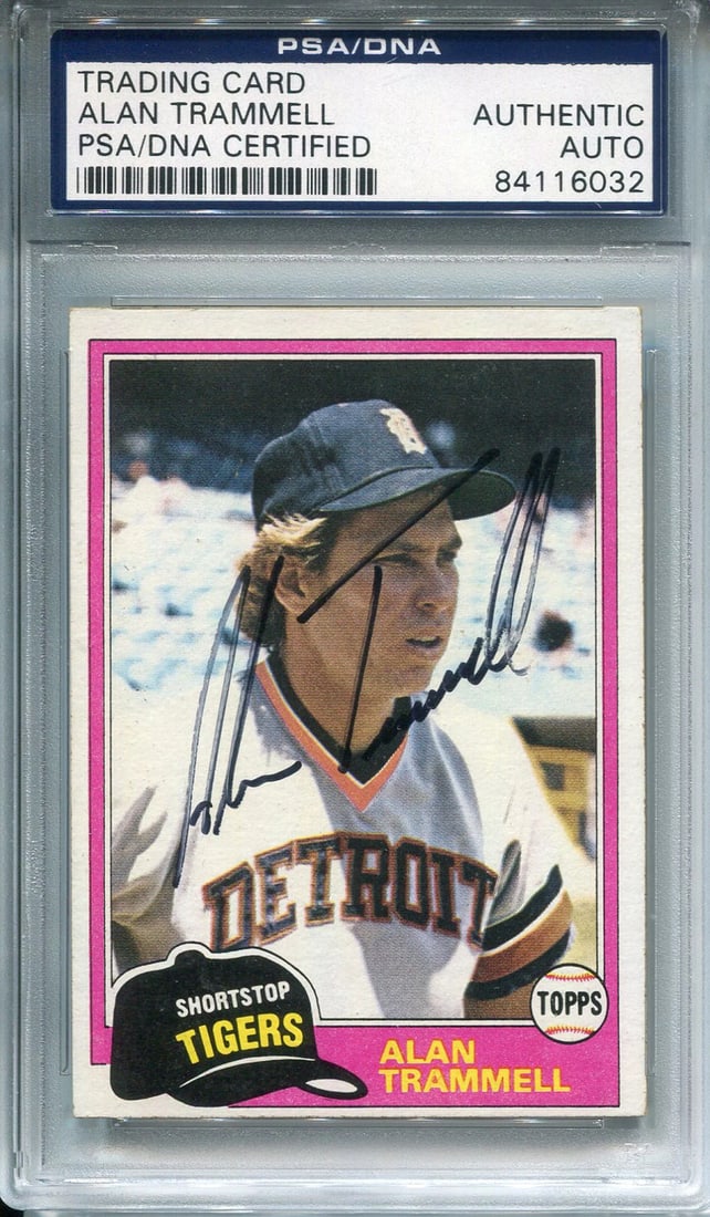 Alan Trammell Autographed 1981 Topps Card (PSA): Alan Trammell Autographed 1981 Topps Card (PSA) Signed by Alan Trammell in black sharpie across the front of the card, this 1981 Topps baseball card has been authenticated and slabbed by Professional 