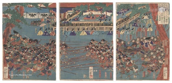 Yoshitsuya Woodblock Print Triptych Lord Yoritomo Observing Spear Practice: Yoshitsuya Woodblock Print Triptych Lord Yoritomo Observing Spear Practice Item Specifics: Artist: Utagawa Yoshitsuya Subject: Samurai History Gempei War Minamoto no Yoritomo Material: Paper