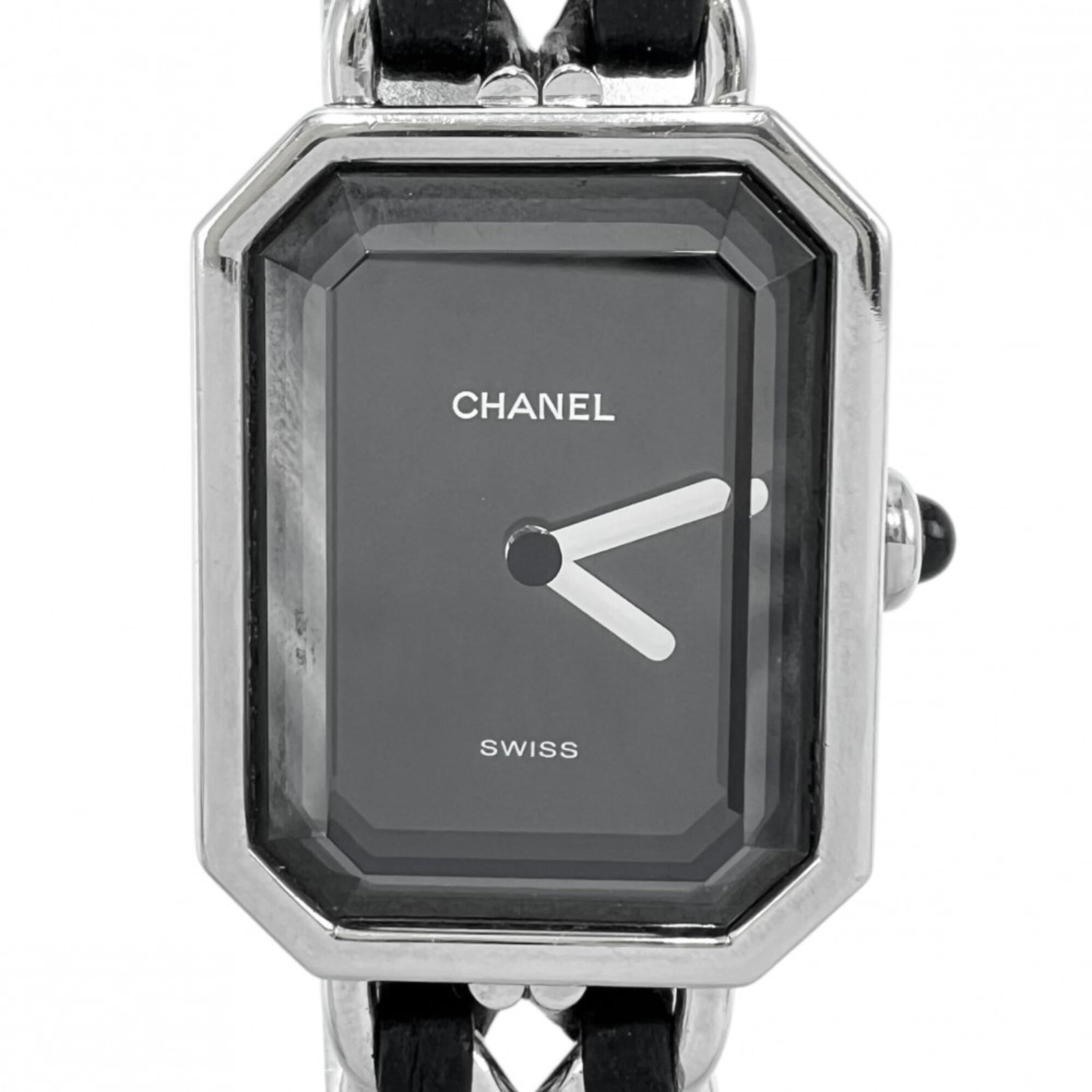 Chanel Wristwatch: Chanel Wristwatch Stainless steel case and black dial make for a sleek, modern look. The leather band adds a touch of elegance to this quartz-powered wristwatch from Chanel. With its classic design an