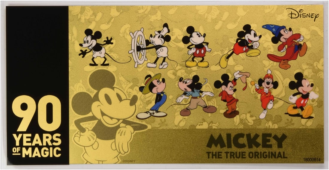 2018 Niue $10 Mickey 90 Years of Magic .999 Gold Coin Note PRF OGP: 2018 Niue $10 Mickey 90 Years of Magic .999 Gold Coin Note PRF OGP The 2018 Niue $10 Mickey 90 Years of Magic .999 Gold Coin Note is a stunning proof uncirculated coin, featuring the iconic Disney cha