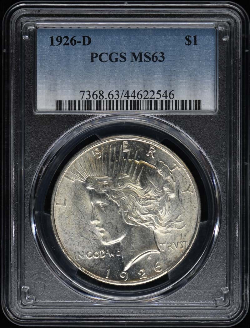 PCGS MS63 Peace Dollar 1926-D $1: PCGS MS63 Peace Dollar 1926-D $1 PCGS MS63 Peace Dollar 1926-D $1 - A highly detailed and well-graded example of the Denver Mint's 1926 Peace Dollar, certified by PCGS as MS63. This uncirculated coin 