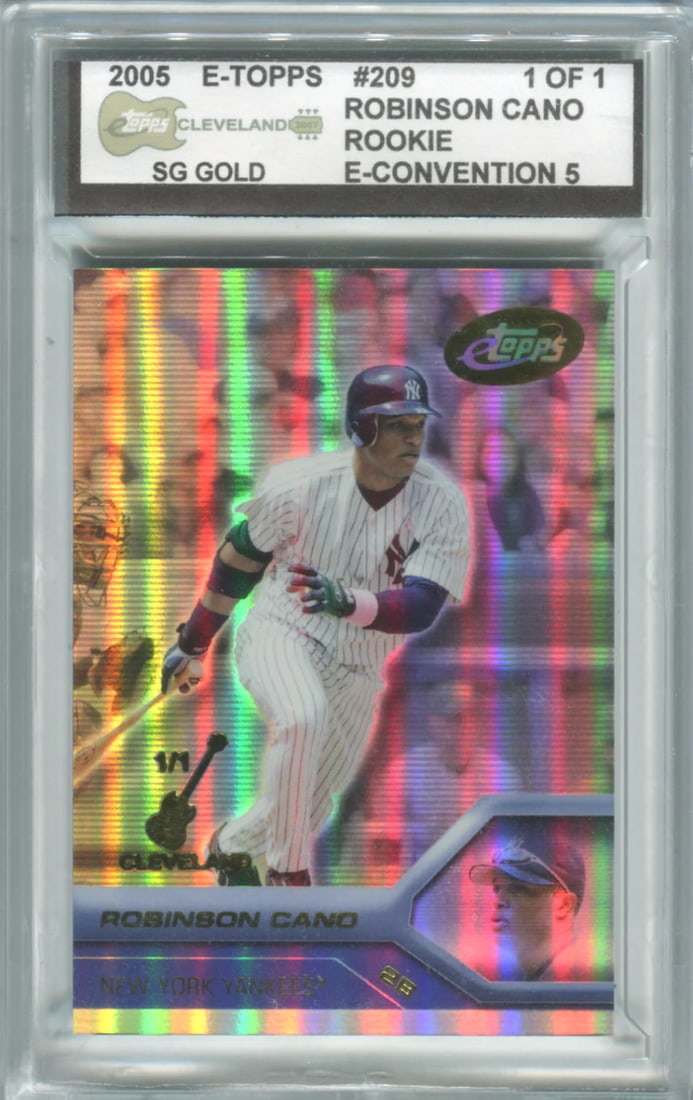 2005 E-Topps Cleaveland #209 Robinson Cano Rookie Card 1/ 1: 2005 E-Topps Cleaveland #209 Robinson Cano Rookie Card 1/ 1 2005 E-Topps Cleaveland #209 Robinson Cano Rookie Card, graded as a 1/1. This card features an autograph from the player, bearing the signat