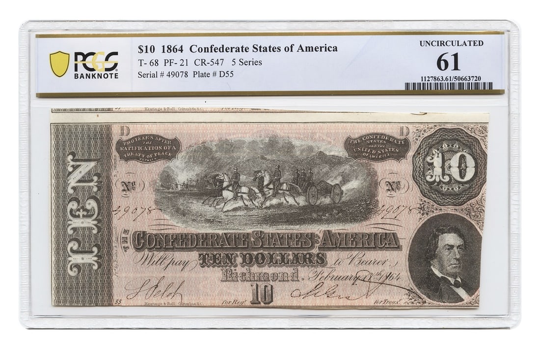 T-68 1864 $10 CSA PCGS UNC61 - $10 - Popular Confederate Issue: T-68 1864 $10 CSA PCGS UNC61 - $10 - Popular Confederate Issue The T-68 $10 CSA, dated 1864, boasts an impressive PCGS UNC61 grade, showcasing exceptional preservation and condition. This highly sough