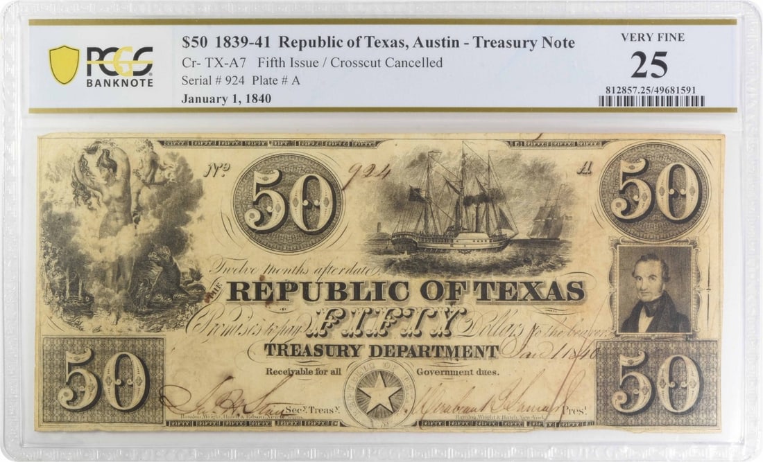 Texas Republic of 1839-41 Crosscut Cancelled VF25 A7 Austin (1 of 1)