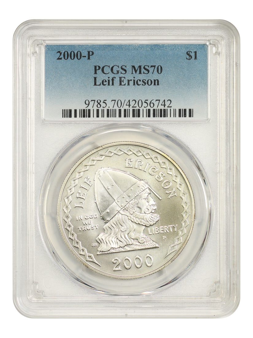 2000-P $1 PCGS MS70 (Leif Ericson) - $1 (Silver) - .7735 oz Silver: 2000-P $1 PCGS MS70 (Leif Ericson) - $1 (Silver) - .7735 oz Silver 2000-P $1 PCGS MS70 (Leif Ericson) - A highly graded, uncirculated silver coin featuring the iconic Leif Ericson design. Certified by