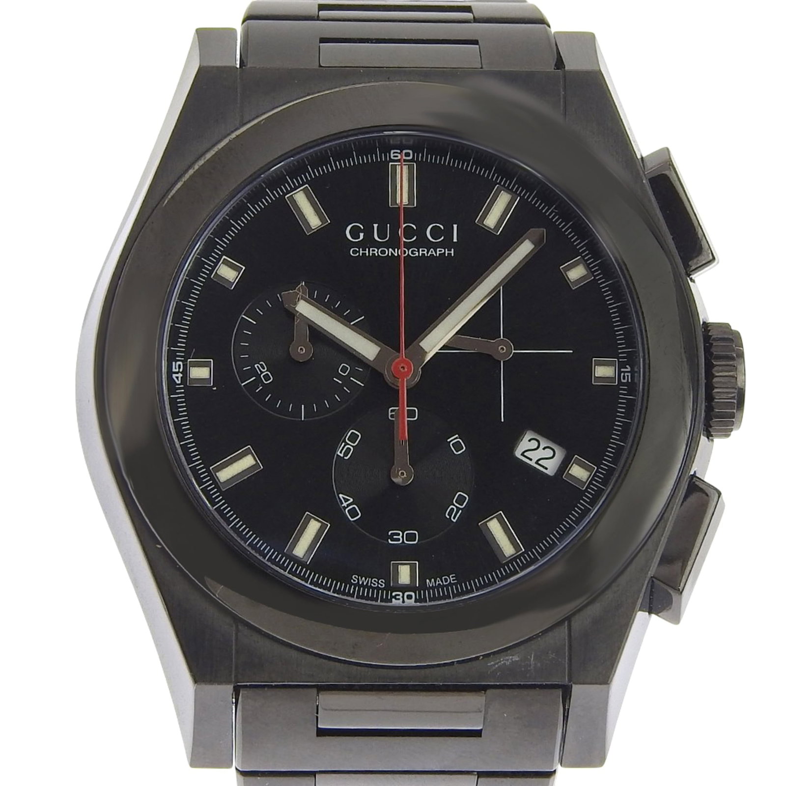 Wristwatch from Gucci: Wristwatch from Gucci Stainless steel case and band complement the sleek black dial, while quartz movement ensures reliable timekeeping. The 44mm diameter case provides a substantial presence on the w