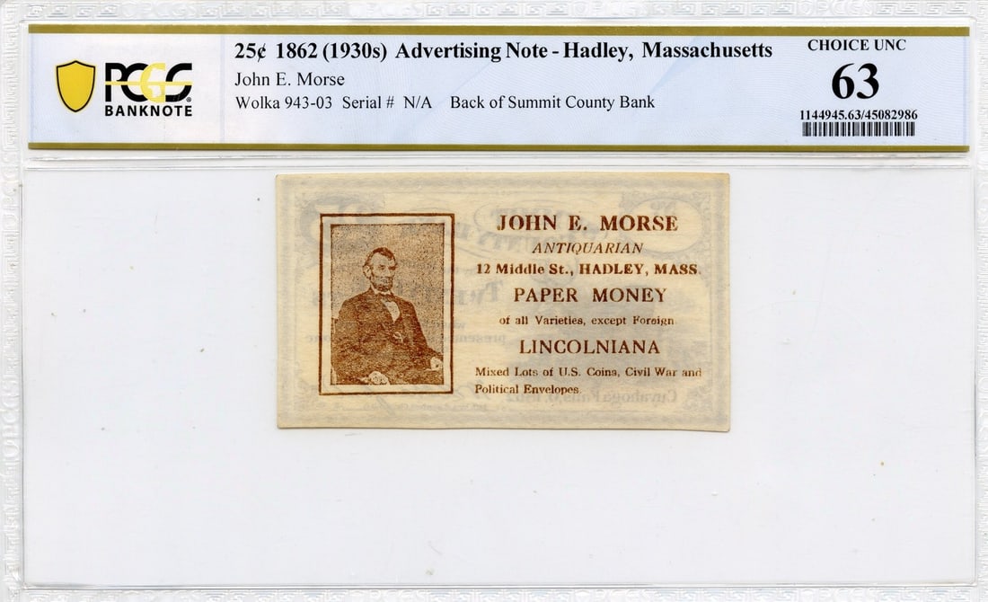 PCGS Ch63 MA Hadley 1862 25c Advertising Note (1 of 1)