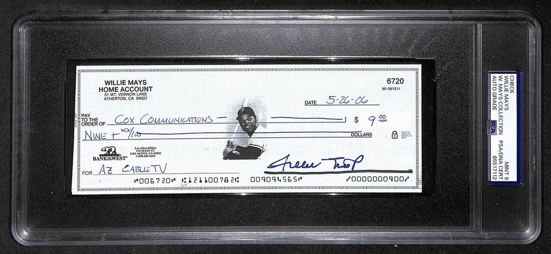 Willie Mays HOF Signed/ Auto 2006 Bank Check PSA/ DNA MINT 9 211172: Willie Mays HOF Signed/ Auto 2006 Bank Check PSA/ DNA MINT 9 211172 Item Specifics: Original/Reprint: Original Product: Bank Check Sport: Baseball Product Disclaimer: Not affiliated with any team or
