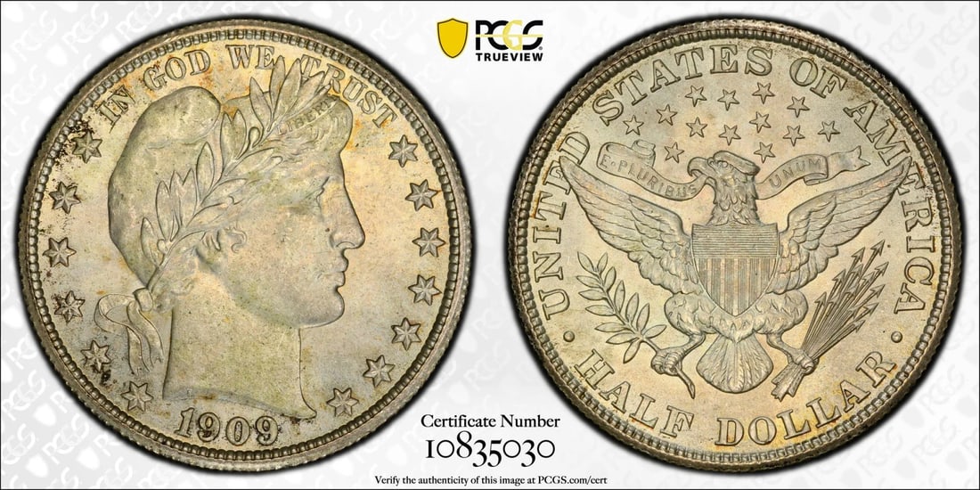 BARBER HALF DOLLAR PCGS MS65: BARBER HALF DOLLAR PCGS MS65 The 1909 Barber Half Dollar, graded MS65 by PCGS, showcases its exceptional condition with a high level of detail and luster. Certified by the prestigious Professional Coi