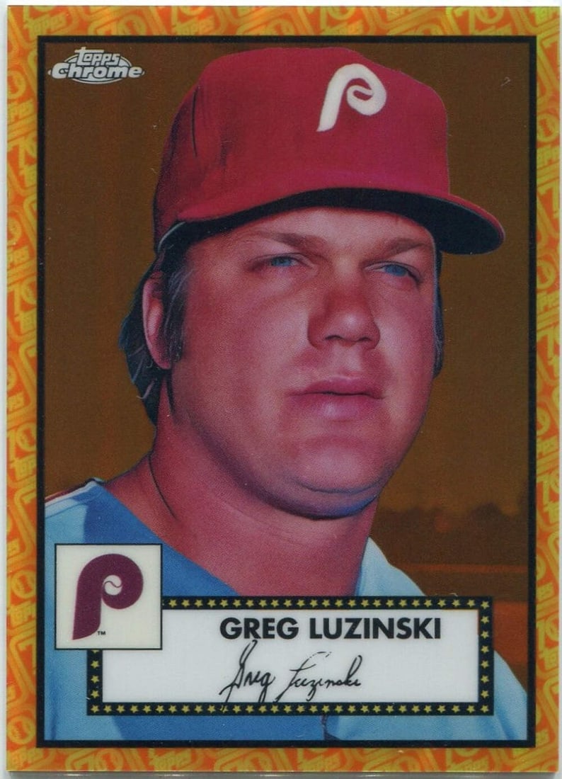 Luzinski Refracto Platinum Chrome Anniversary Topps 70th Orange Yellow 2021: Luzinski Refracto Platinum Chrome Anniversary Topps 70th Orange Yellow 2021 Topps Greg Luzinski 2021 Topps Chrome Platinum Anniversary Orange Yellow 70th Refractor Card #574 6/25 - A highly sought-aft