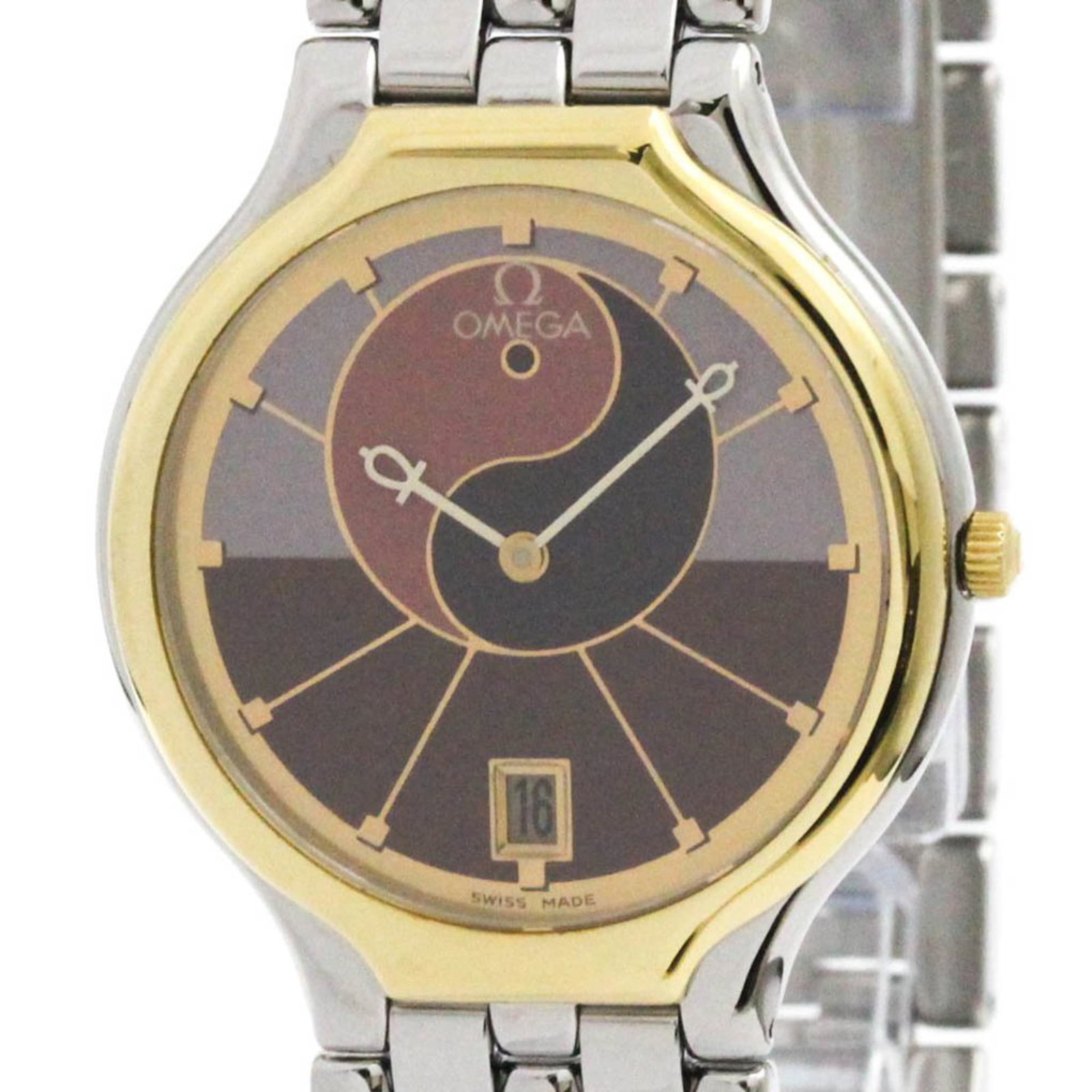 Omega Wristwatch: Omega Wristwatch Stainless steel and yellow gold (18K) come together in the Omega De Ville wristwatch, boasting a sleek 32mm case diameter. The Bordeaux and Purple dial adds a touch of sophistication,