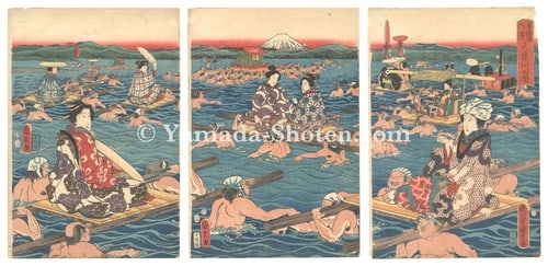 Kunihisa 1857 Ukiyo e Woodblock Print Triptych Tokaido Road Oi River Oban: Kunihisa 1857 Ukiyo e Woodblock Print Triptych Tokaido Road Oi River Oban Item Specifics: Artist: Kunihisa Subject: Tokaido Road Oi River Landscape Material: Paper Style: Japanese Year Of Production: