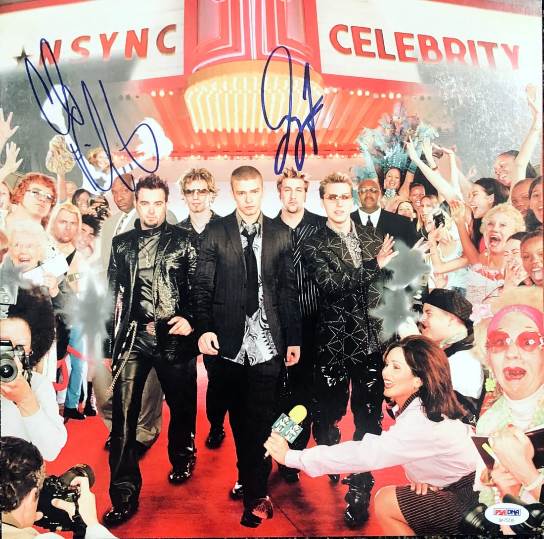 Fatone Chris Kirkpatrick Autographed Nsync Record Celebrity Album PSA: Fatone Chris Kirkpatrick Autographed Nsync Record Celebrity Album PSA Signed by Joey Fatone and Chris Kirkpatrick, this Nsync celebrity record album features sharpie signatures across the front in