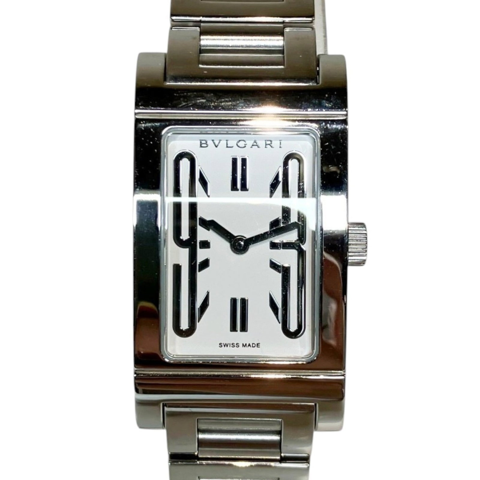 Bvlgari Wristwatch: Bvlgari Wristwatch Stainless steel case and band add a sleek touch to this Bvlgari women's wristwatch, featuring a white dial. The quartz movement keeps time with precision, while the 21mm diameter