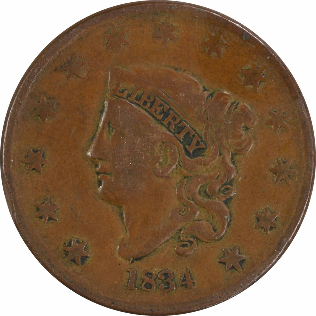 Uncertified 1834 Large Cent VF: Uncertified 1834 Large Cent VF The 1834 Large Cent features a Coronet Head design, showcasing the iconic portrait of Lady Liberty. Made from copper and minted in 1834, this circulated coin bears the d