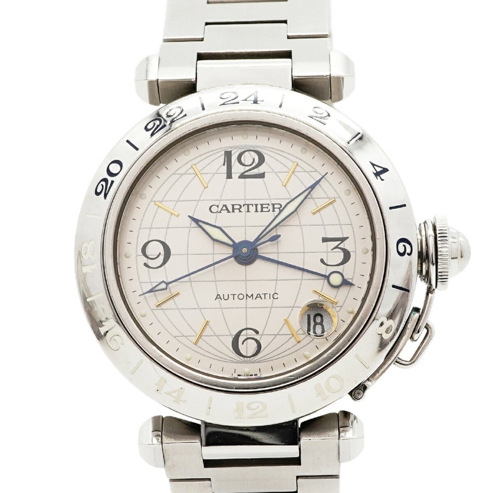 Cartier Wristwatch: Cartier Wristwatch Stainless steel band and silver dial make for a sleek, modern look in this Cartier wristwatch. With its self-winding automatic movement and compact case diameter of 35.4mm, it's