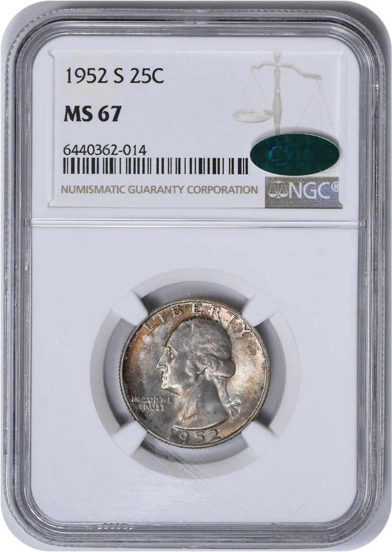 1952-S/ S Washington Silver Quarter RPM 1 MS67 NGC (CAC): 1952-S/ S Washington Silver Quarter RPM 1 MS67 NGC (CAC) The 1952-S/ S Washington Silver Quarter, graded MS67 by the NGC, boasts exceptional condition and impressive detail. This circulated/ununcircul