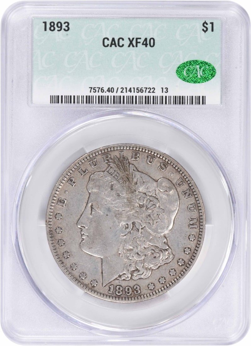 1893 Morgan Silver Dollar EF40 CACG: 1893 Morgan Silver Dollar EF40 CACG The 1893 Morgan Silver Dollar EF40 CACG boasts an impressive circulated condition, with subtle wear and tear evident on its surface. Certified by the CACG, this coi