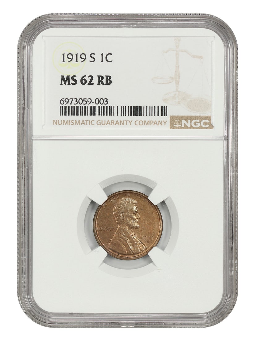 1919-S 1C NGC MS62RB - Lincoln Cent (Wheat Reverse) - Underrated in Red-Brown: 1919-S 1C NGC MS62RB - Lincoln Cent (Wheat Reverse) - Underrated in Red-Brown The 1919-S 1C NGC MS62RB Lincoln Cent boasts a rich red-brown hue, characteristic of the Wheat Reverse design. This underv