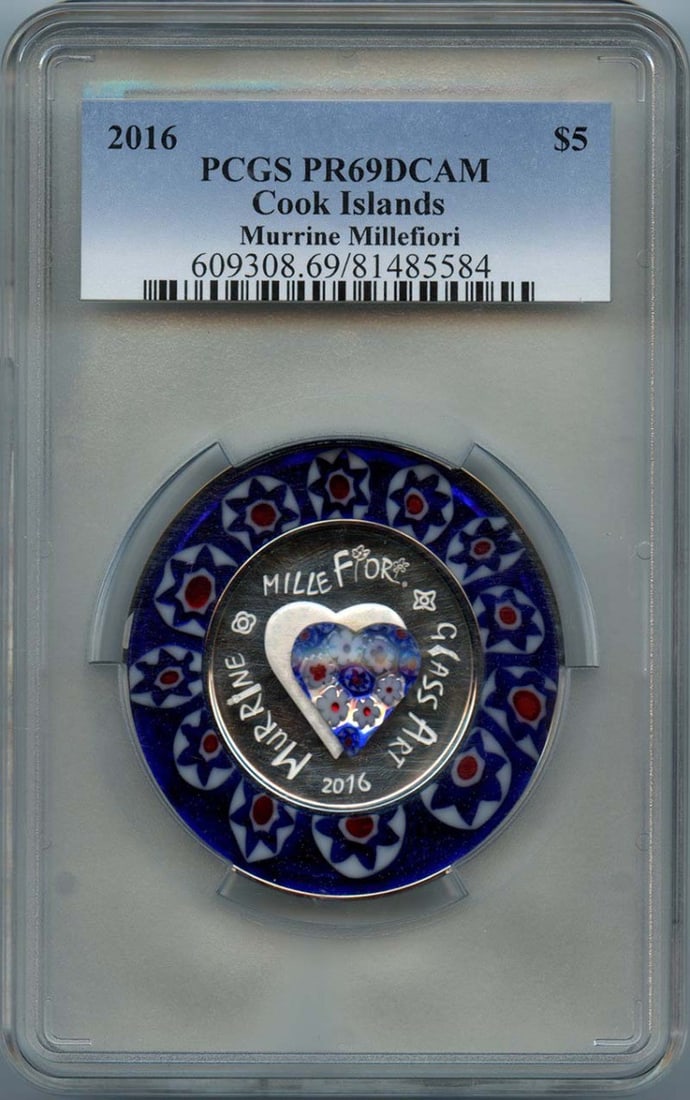 2016 $5 Cook Islands Murrine Millefiori PCGS PR69CAM: 2016 $5 Cook Islands Murrine Millefiori PCGS PR69CAM The 2016 $5 Cook Islands Murrine Millefiori coin boasts stunning murrine millefiori design, a unique and intricate pattern created through the use