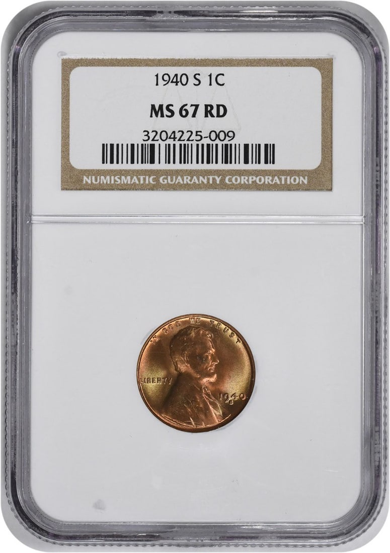 MS67RD Cent Lincoln 1940-S: MS67RD Cent Lincoln 1940-S MS67RD Cent Lincoln 1940-S, graded Uncirculated by NGC. This stunning coin boasts a rich history, featuring the iconic design of Victor David Brenner and a striking San Fran