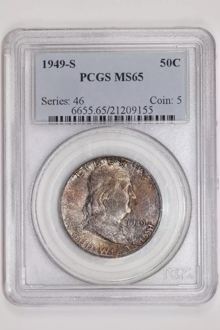 1949-S FRANKLIN HALF DOLLAR PCGS MS65: 1949-S FRANKLIN HALF DOLLAR PCGS MS65 The 1949-S FRANKLIN HALF DOLLAR PCGS MS65 is a highly graded, uncirculated silver half dollar with a stunning MS 65 grade from the Professional Coin Grading Servi