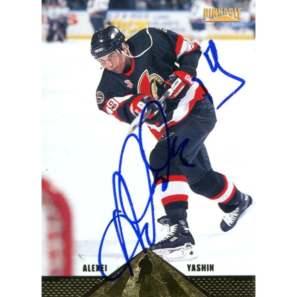 Yashin Autographed 1996 Card Pinnacle Alexei: Yashin Autographed 1996 Card Pinnacle Alexei Alexei Yashin's 1996 Pinnacle card features his signature in blue sharpie, adding an extra layer of collectibility to the already iconic hockey