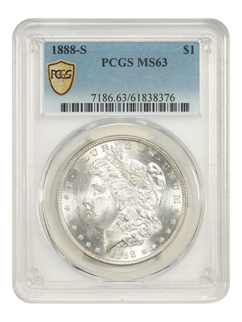 1888-S $1 PCGS MS63 - Morgan Dollar - Elusive S-Mint: 1888-S $1 PCGS MS63 - Morgan Dollar - Elusive S-Mint 1888-S $1 PCGS MS63 - Morgan Dollar - Elusive S-Mint. This uncirculated 1888-S Morgan dollar, certified by the Professional Coin Grading Service (P
