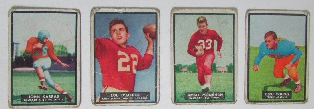 Lot (4) 1951 Topps Magic Football Cards Young, Karras, Monahan, D`Achille 146521 (1 of 2)