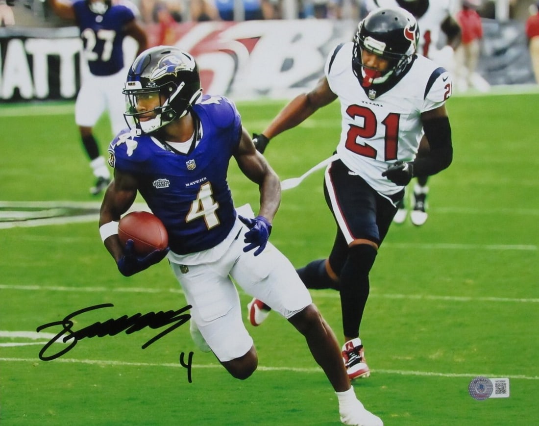 Zay Flowers Signed 11x14 Photo Baltimore Ravens Beckett 186124: Zay Flowers Signed 11x14 Photo Baltimore Ravens Beckett 186124 Signed by Zay Flowers, the talented wide receiver for the Baltimore Ravens, this 11x14 photo showcases his impressive skills on the