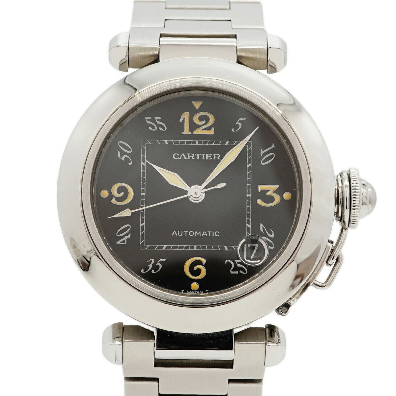 Cartier Wristwatch: Cartier Wristwatch Stainless steel band and black dial make for a sleek, modern look. This self-winding automatic wristwatch features a compact 35.2mm case diameter, perfect for everyday wear. Its dur