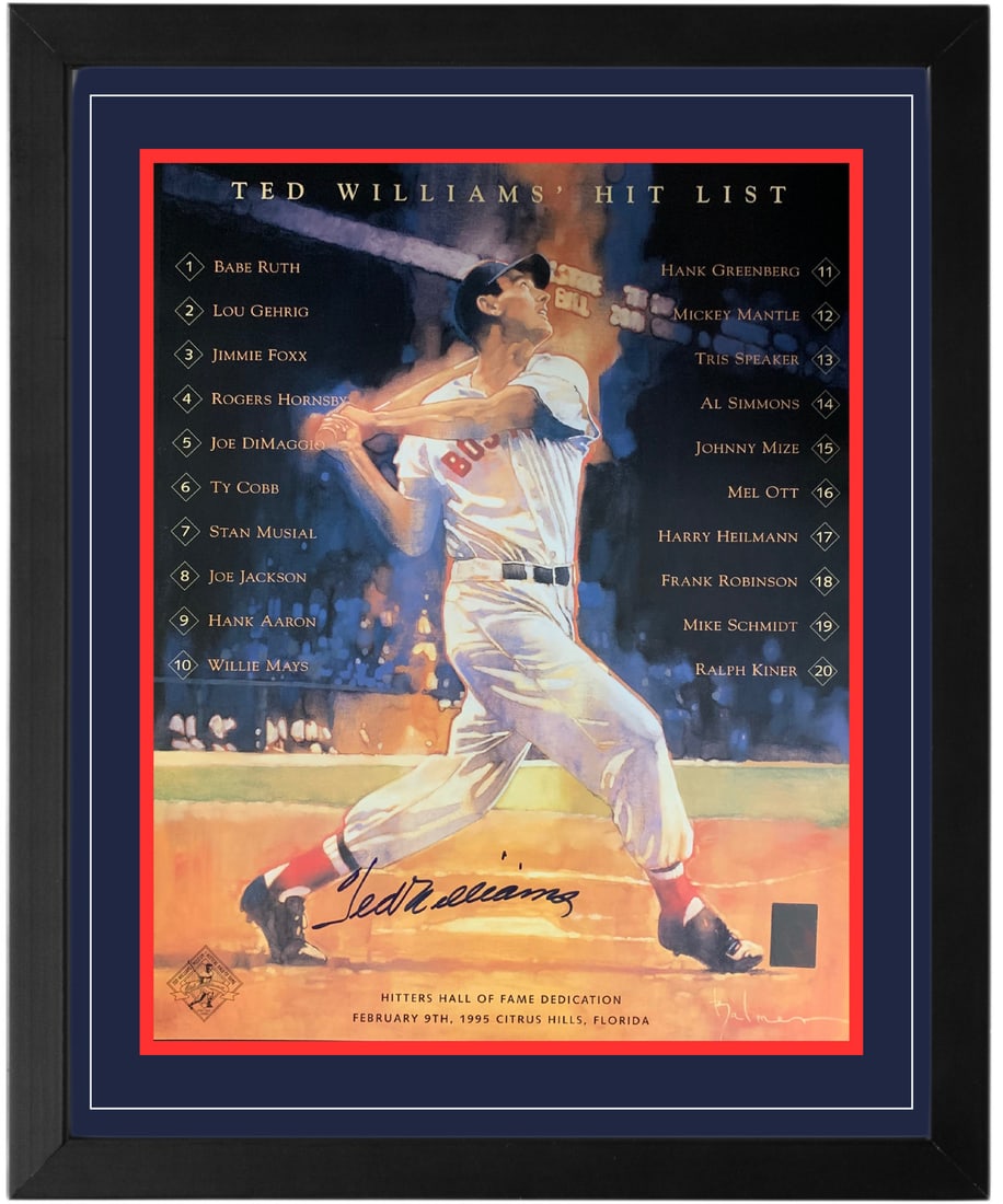 Ted Williams Signed Teds Top Twenty Hit List Framed 16x20 Photo (Green Diamond): Ted Williams Signed Teds Top Twenty Hit List Framed 16x20 Photo (Green Diamond) Signed by Ted Williams in blue sharpie across the front, this framed 16x20 photo showcases his Top Twenty Hit List. The 