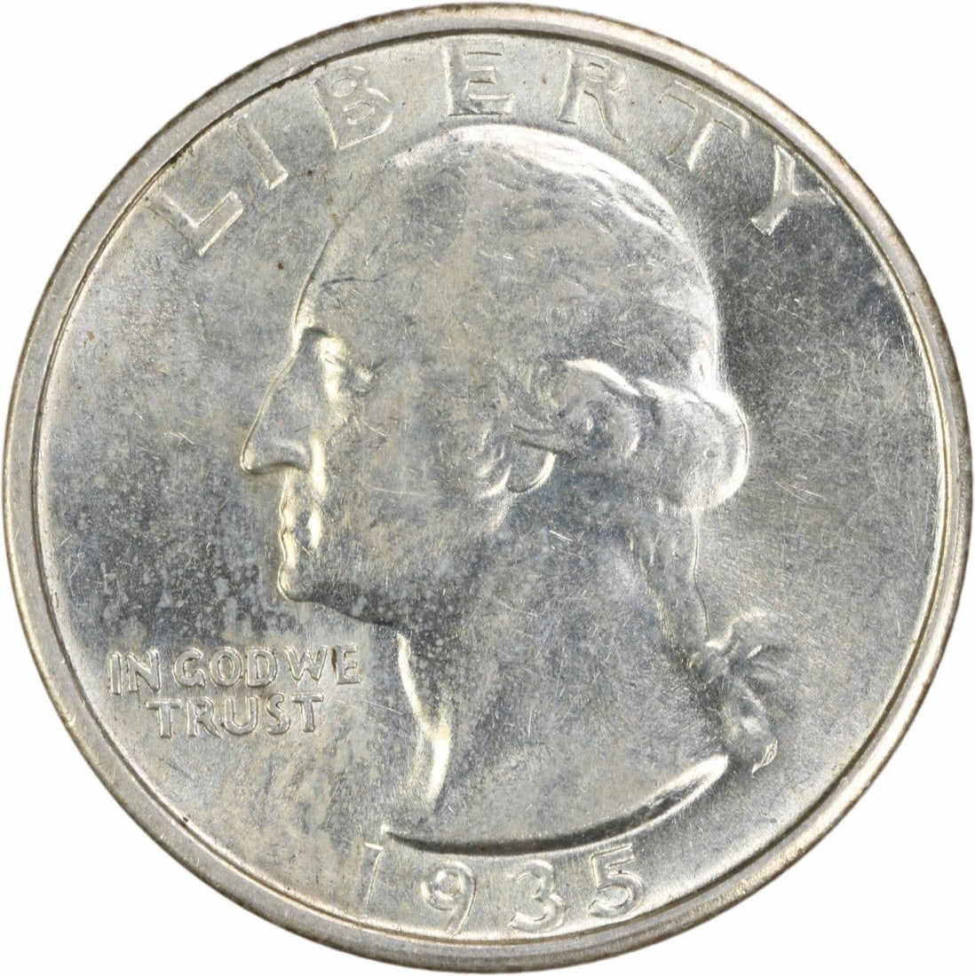 1935-S Washington Silver Quarter BU Uncertified: 1935-S Washington Silver Quarter BU Uncertified This 1935-S Washington Silver Quarter features a Choice BU+ grade, showcasing its uncirculated condition. With a silver composition and certified as Unc
