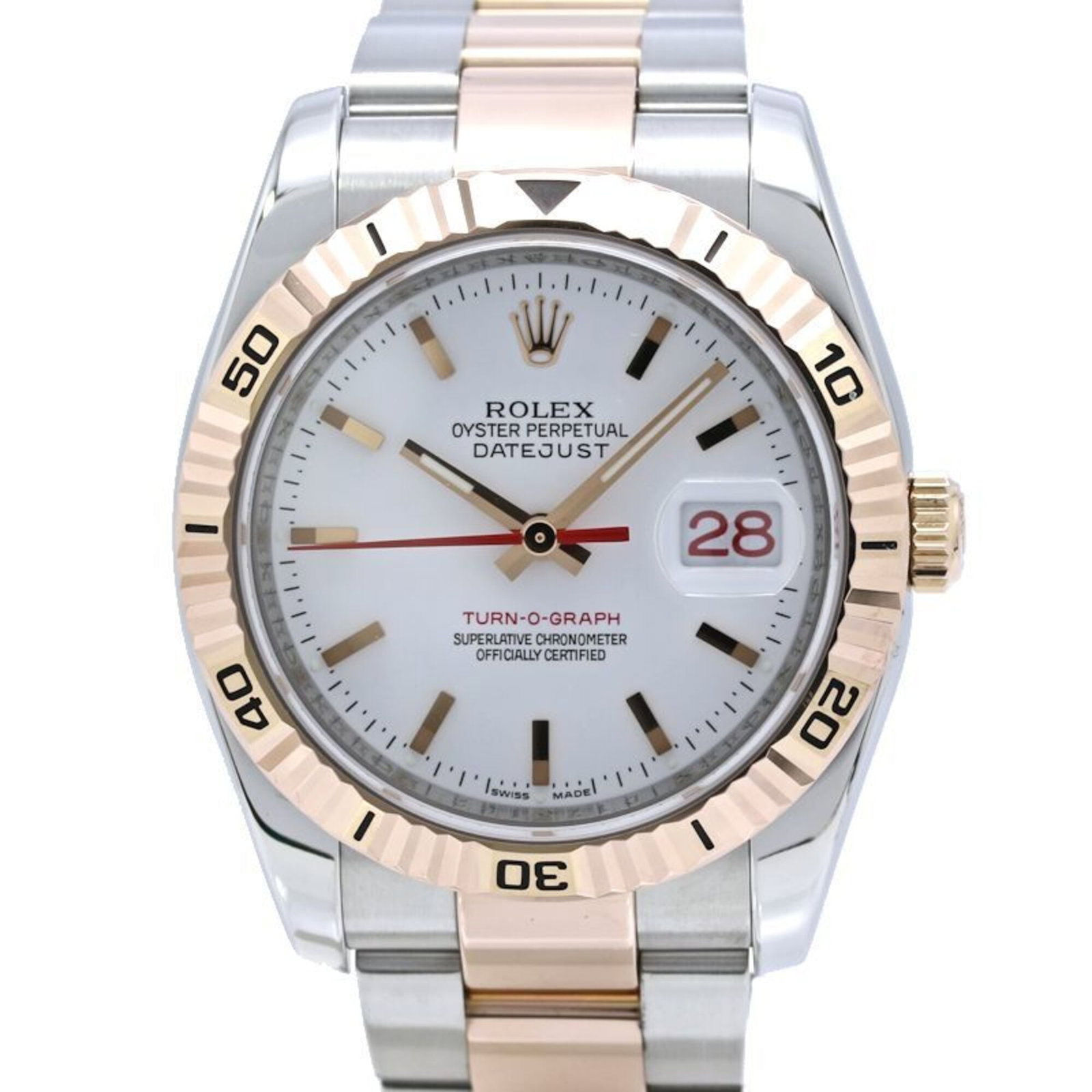 Rolex Wristwatch: Rolex Wristwatch Pink gold and stainless steel meet in perfect harmony, forming the elegant case of this Rolex wristwatch. The white dial stands out against its sleek backdrop, complemented by a self-
