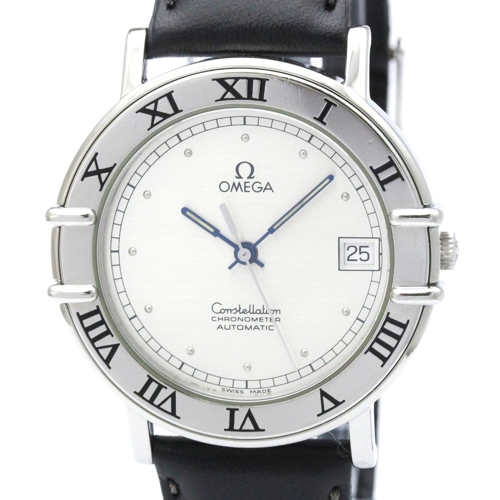 Omega Wristwatch: Omega Wristwatch Stainless steel and leather come together in the sleek design of this Omega Constellation watch, featuring a silver dial and automatic self-winding movement. With its 36mm case