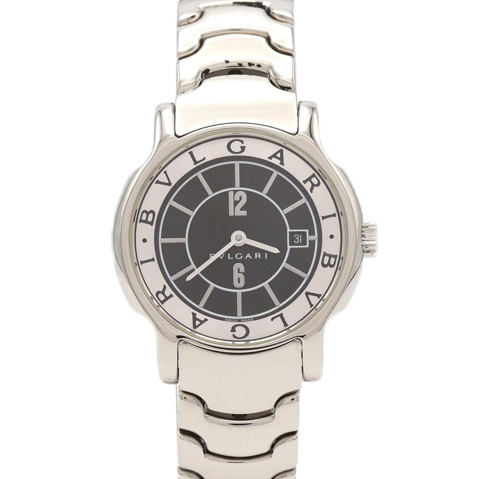 Bvlgari Wristwatch: Bvlgari Wristwatch Stainless steel case and band, black dial, quartz movement, and 29mm diameter make for a sleek and modern timepiece. This Bvlgari wristwatch boasts a classic design with clean