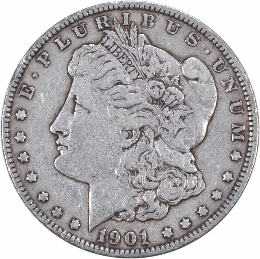 1901 Morgan Silver Dollar Choice VF Uncertified: 1901 Morgan Silver Dollar Choice VF Uncertified The 1901 Morgan Silver Dollar Choice VF Uncertified is a well-crafted coin with its reeded edge and no mint mark, weighing in at 26.73 grams. Made from 