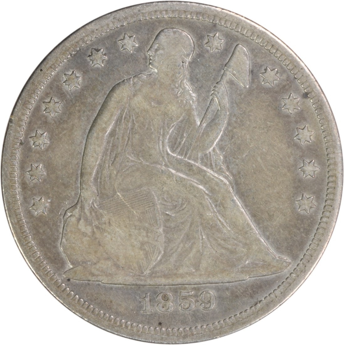 1859-S Liberty Seated Dollar VF Uncertified: 1859-S Liberty Seated Dollar VF Uncertified The 1859-S Liberty Seated Dollar features Christian Gobrecht's iconic design, showcasing Seated Liberty on the obverse and a wreathed eagle on the reverse. 